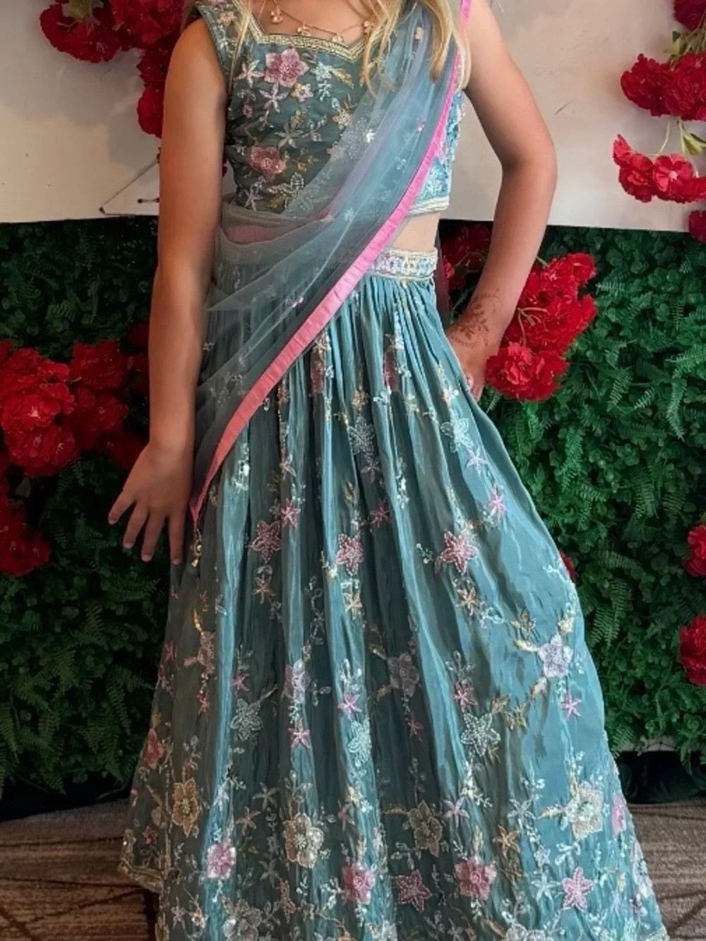 Embroidered Teal Floral Lehenga Dress Set with Pink Trim